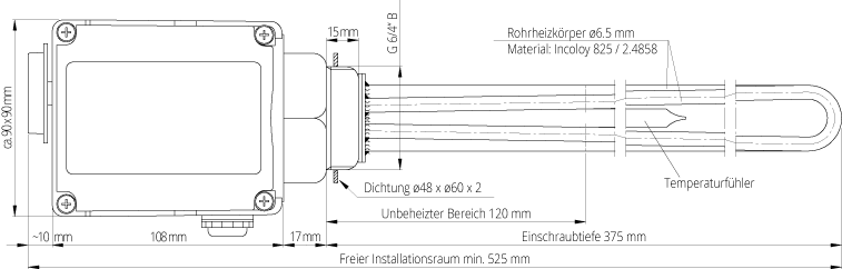 3,0 kW Edelstahl-Heizstab unisolierte Ausführung  für Edelstahlspeicher